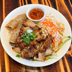 Grilled Chicken and Spring Rolls on Rice or Vermicelli