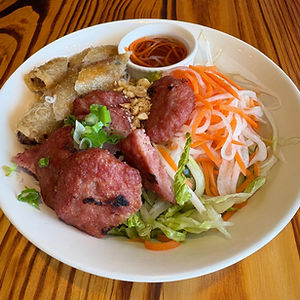 Grilled Meat Patties and Spring Rolls on Rice or Vermicelli