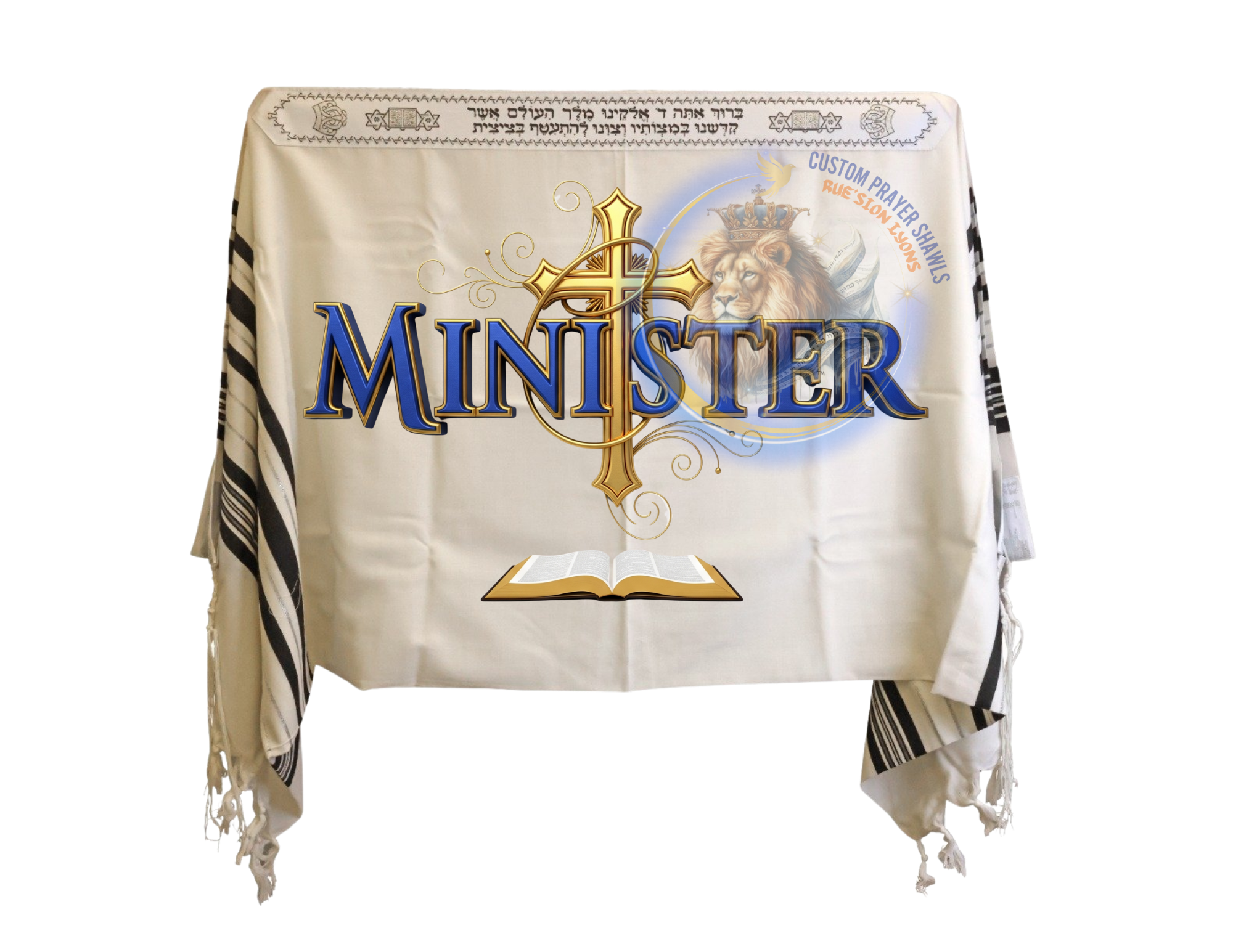 MINISTER IN BLUE WITH SWIRLS AND CROSS