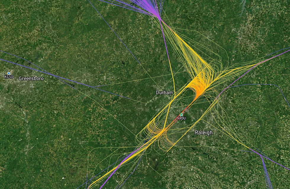 One more post. This shows a couple hundred recent arrivals to RDU. The trajectories turn from purple to yellow as they descend below 10,000'. You can see why they want to boost their Class C footprint. GSO is a little less organized, as their arrival procedures rely on more radar vectoring.
