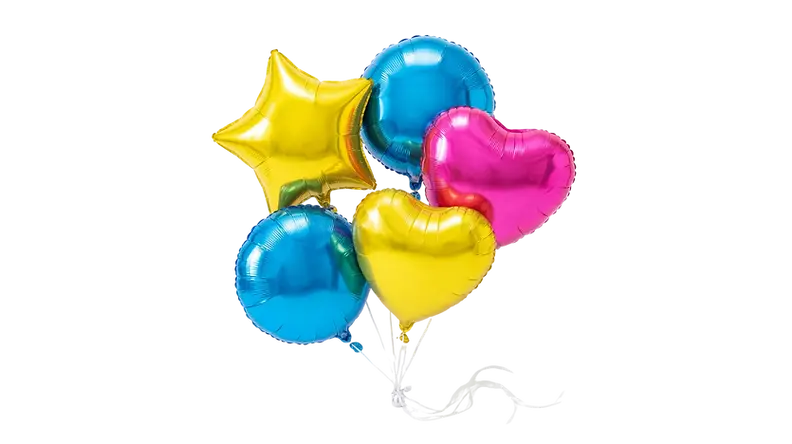 Palloncini colorati a forma di stella, cuore e tondo.