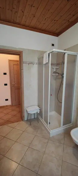 Box doccia in un bagno con soffitto in legno.