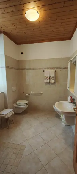 Bagno con sanitari e soffitto in legno in una camera.