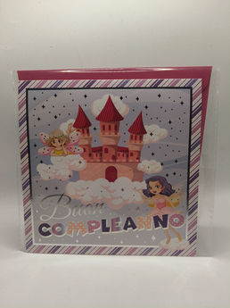 Biglietto di auguri Buon Compleanno con castello e fate