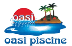 Logo Oasi Piscine con isola tropicale e sole rosso