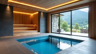 Piscina interna con sauna e vista sulle montagne