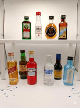 Collezione di bottiglie mignon di liquori su scaffali.