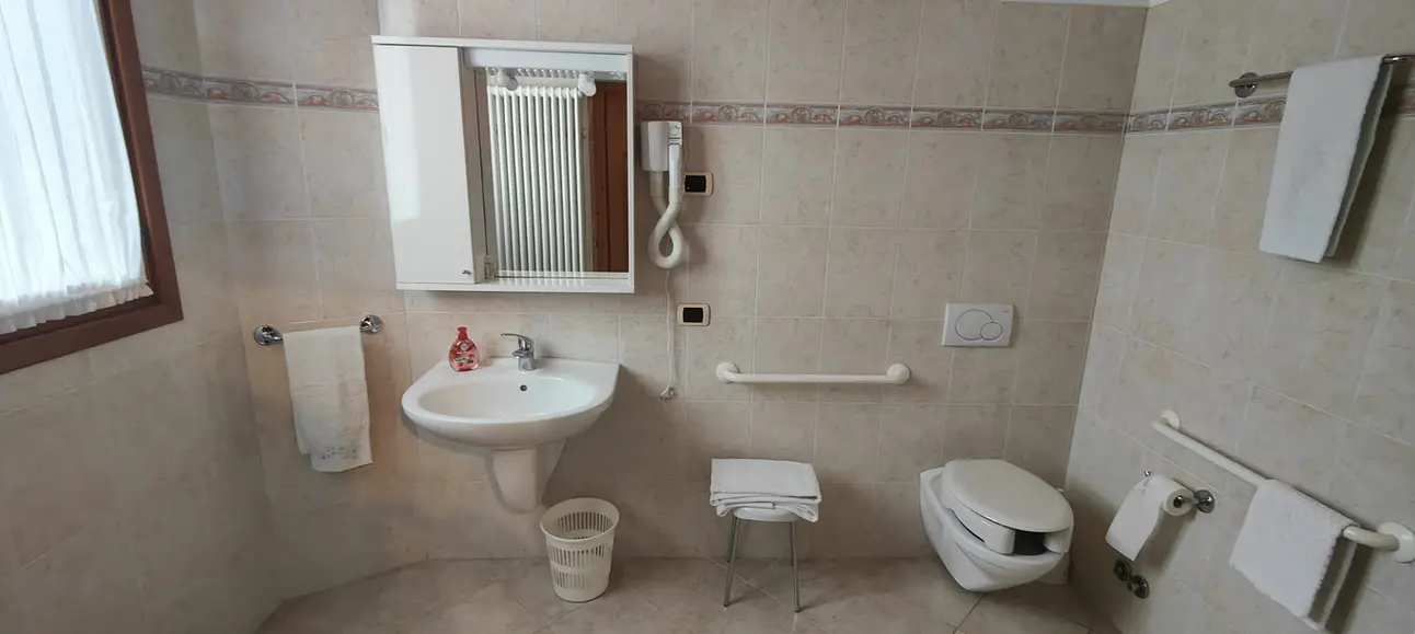 Bagno accessibile con maniglioni, lavabo e sanitari.