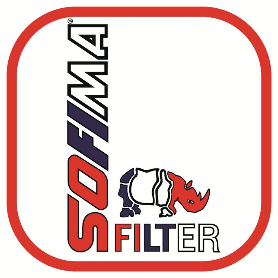 Logo SOFIMA FILTER, marchio con rinoceronte, su sfondo bianco e cornice rossa.