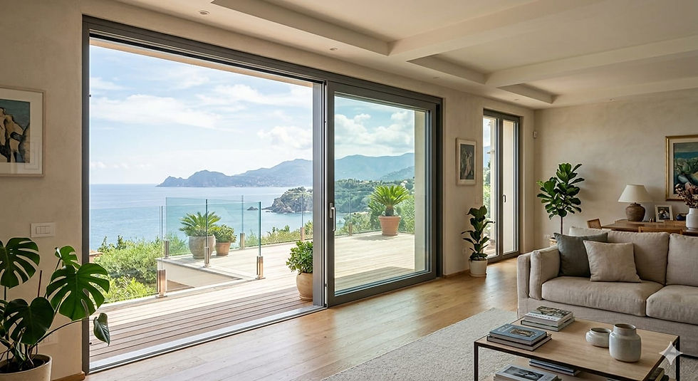 Soggiorno moderno con ampia vetrata vista mare e costa.