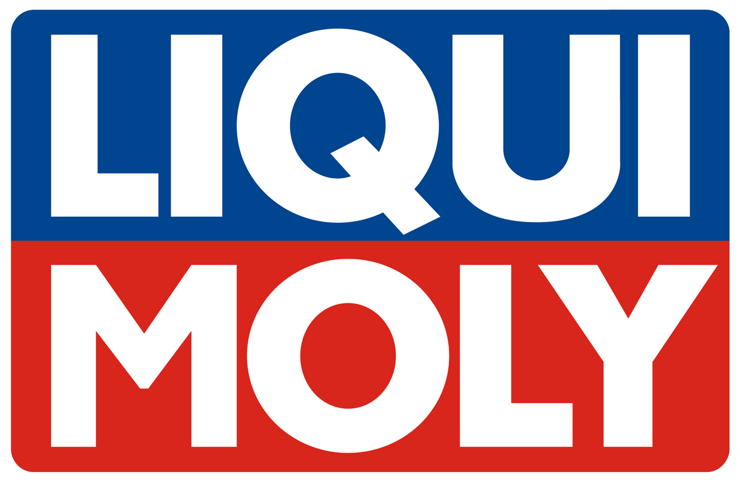 Logo LIQUI MOLY, scritta bianca su sfondo blu e rosso, brand di olio.