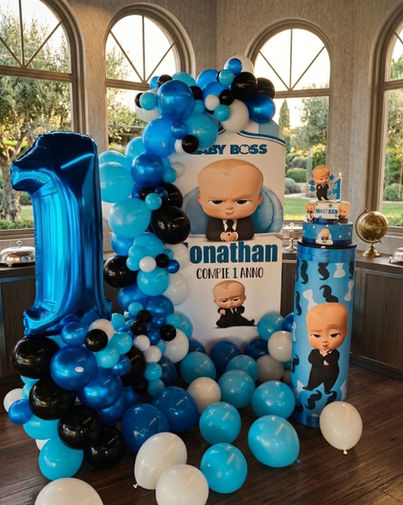 Allestimento Baby Boss con palloncini blu per compleanno Jonathan