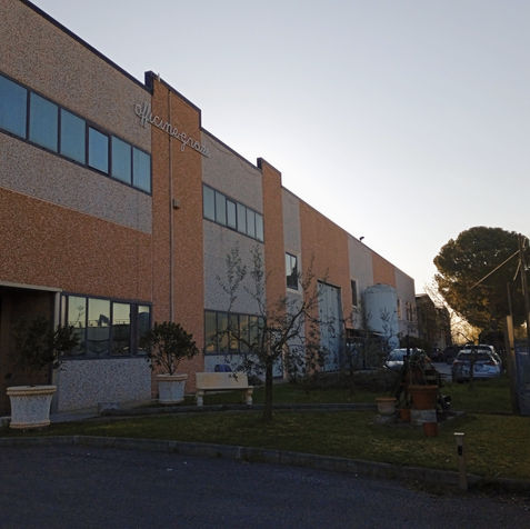 Facciata esterna della sede aziendale con prato e alberi