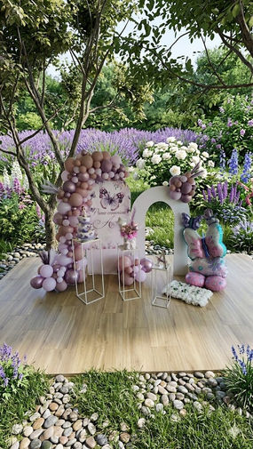 Allestimento floreale con palloncini in un giardino