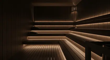 Interno di una sauna moderna con luci LED calde soffuse