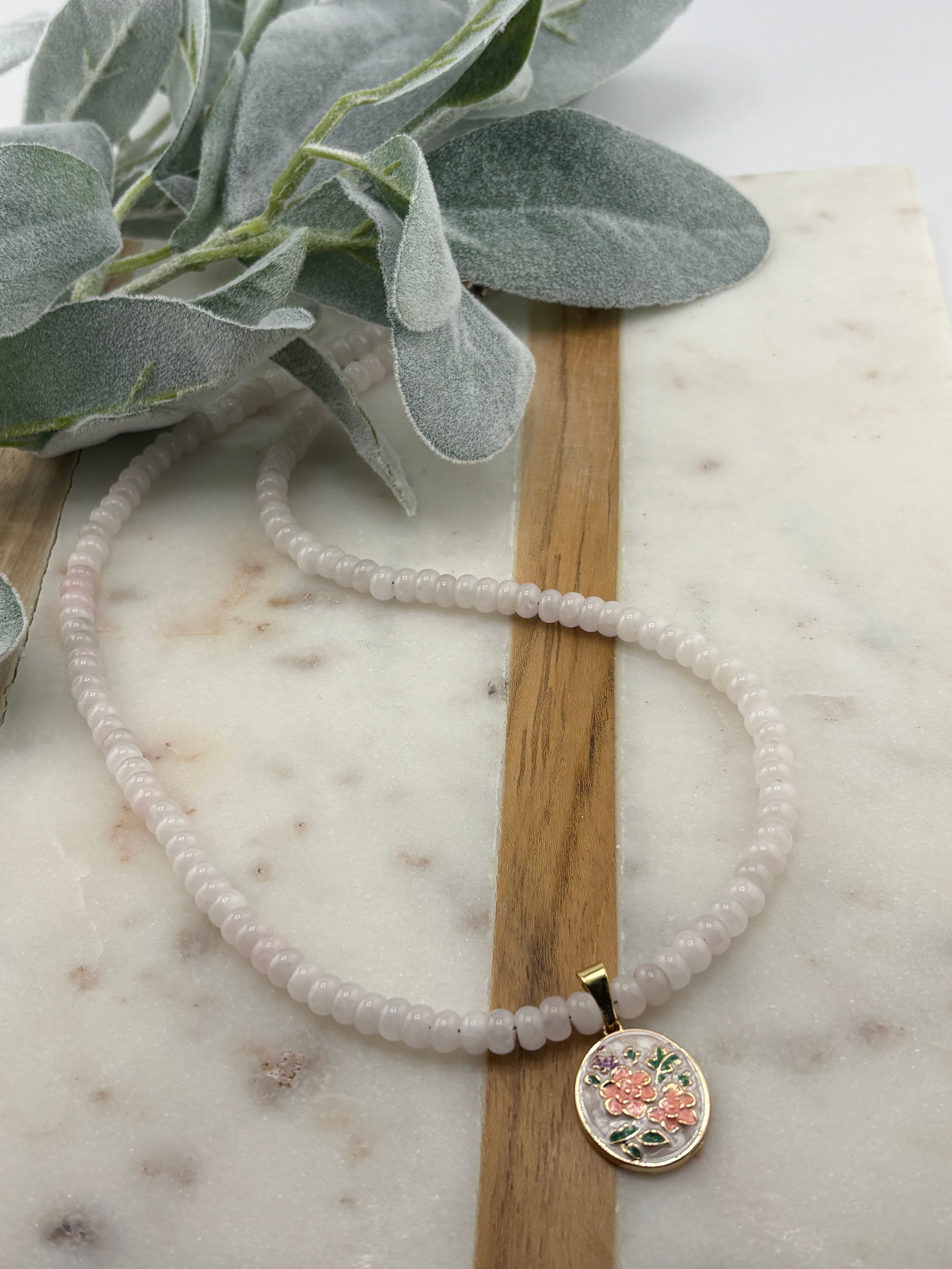 Rose Quartz Flower Charm Necklace 