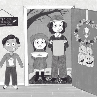 Funny Halloween illustration of young boy scared because the neighbors at the door are vampires