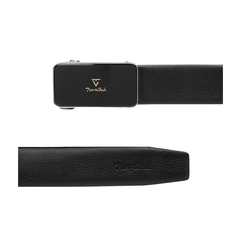 Thumbnail: black leather fawn pattern, silver colour hardware men's ratchet buckle belt with logo