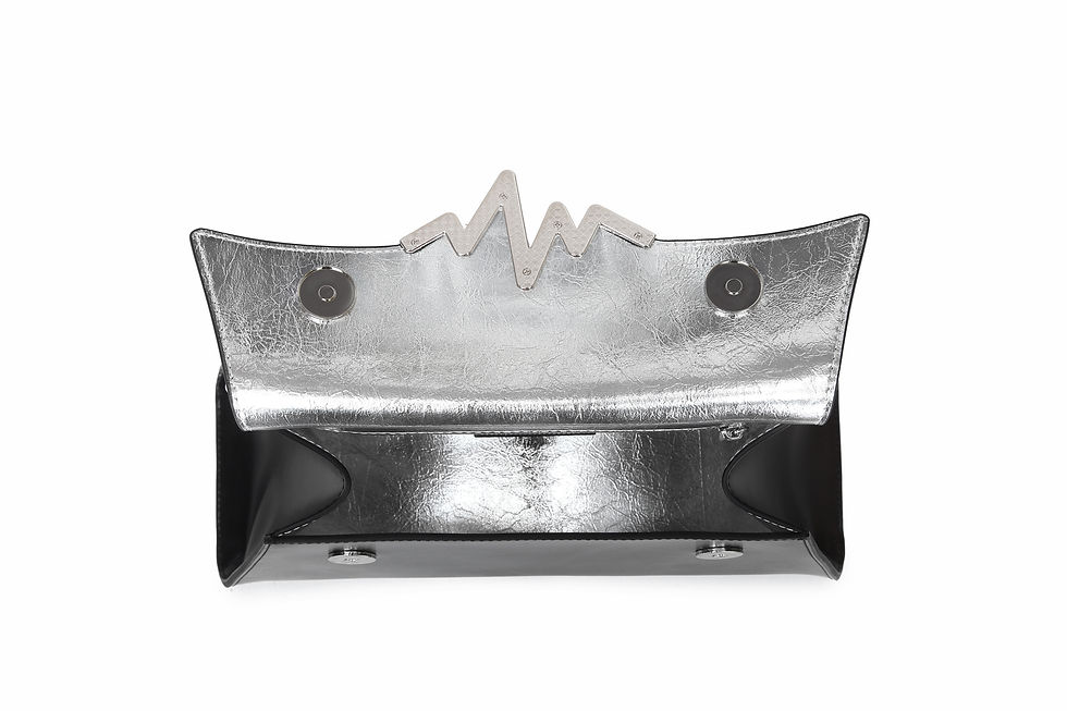 Thumbnail: women black leather handbag with a heartbeat shape lock with silver inner