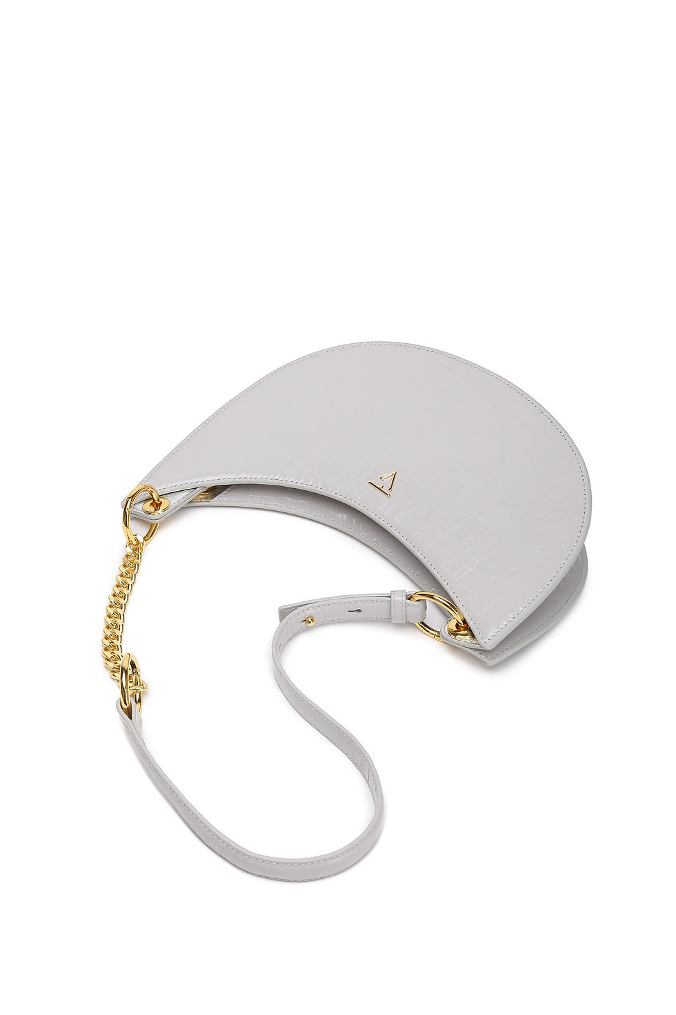 Thumbnail: women half moon shaped white leather handbag with golden chain on the shoulder strap 