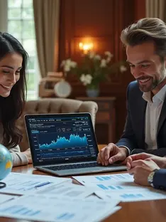 Família de alta renda analisando gráficos financeiros em laptop e tablet com ambiente sofisticado 