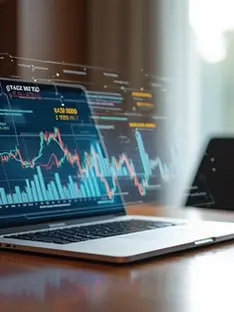 Mesa elegante com gráficos financeiros digitais holográficos em 3D, laptop aberto e uma xícara de café em ambiente moderno de escritório de luxo 