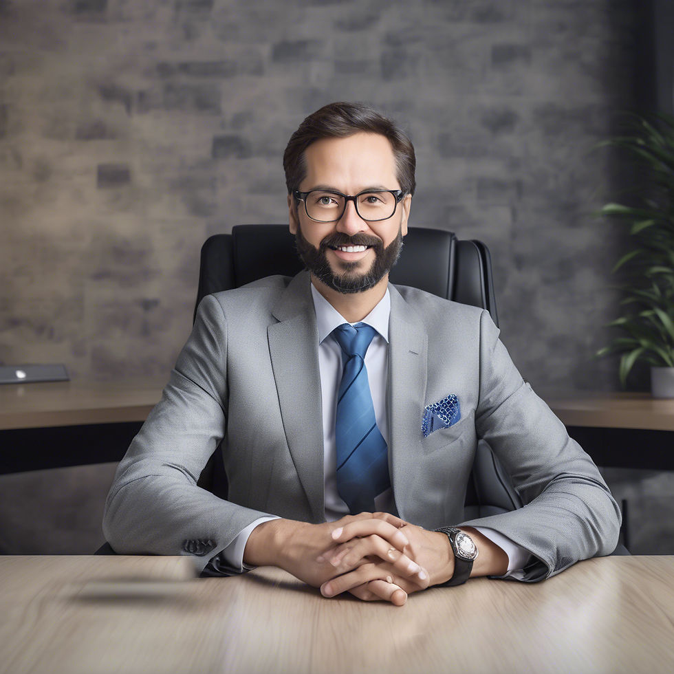 Empresário sorridente em escritório, representando confiança nos negócios.
