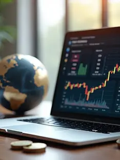 Mesa elegante com notebook exibindo gráficos financeiros internacionais com moedas e globo terrestre ao fundo 