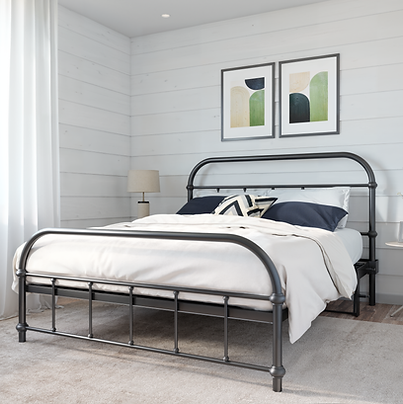 Black metal liftable bed with modern style bedding in a white room with  a grey carpet