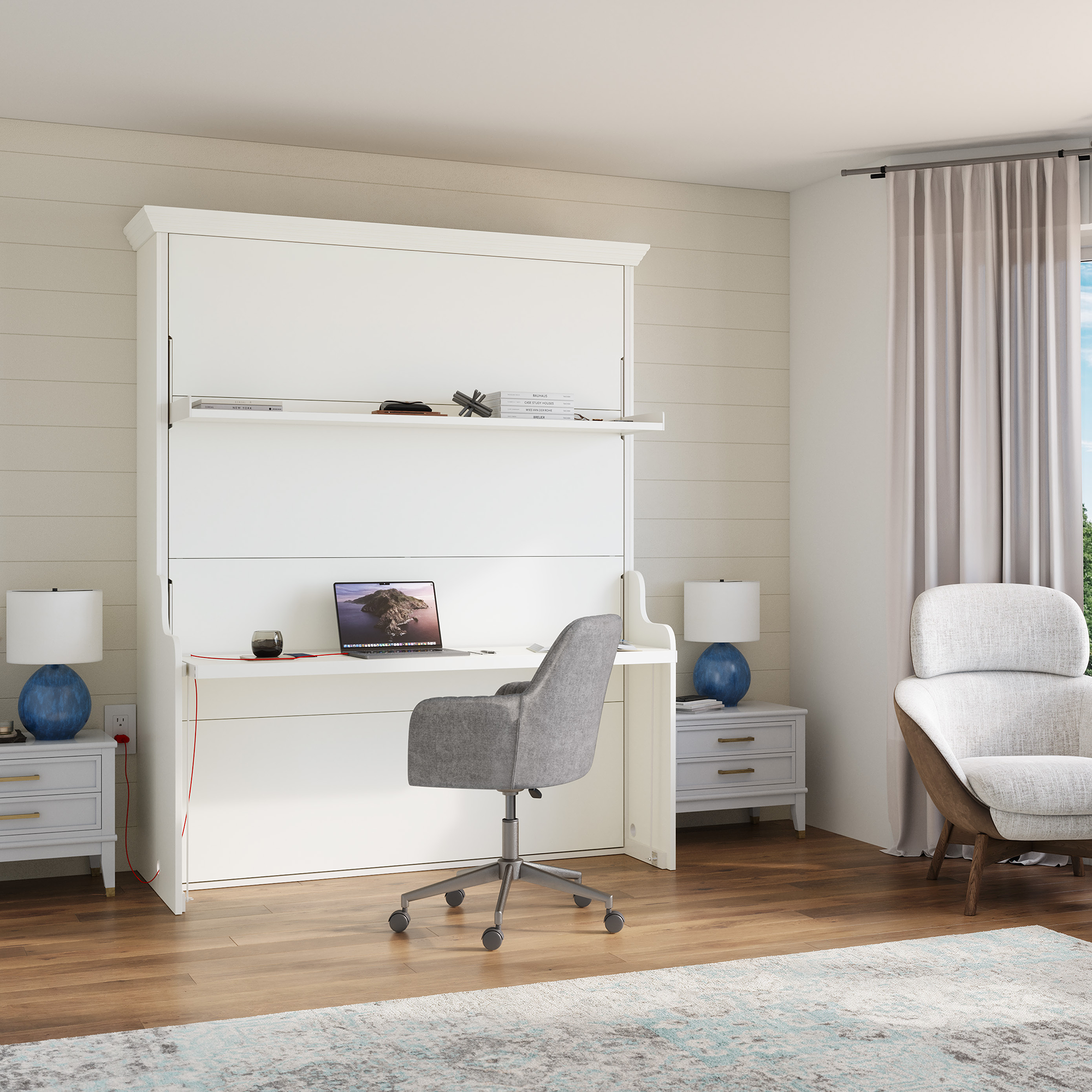 Adelaide Full Murphy Bed with Desk and Shelf- White