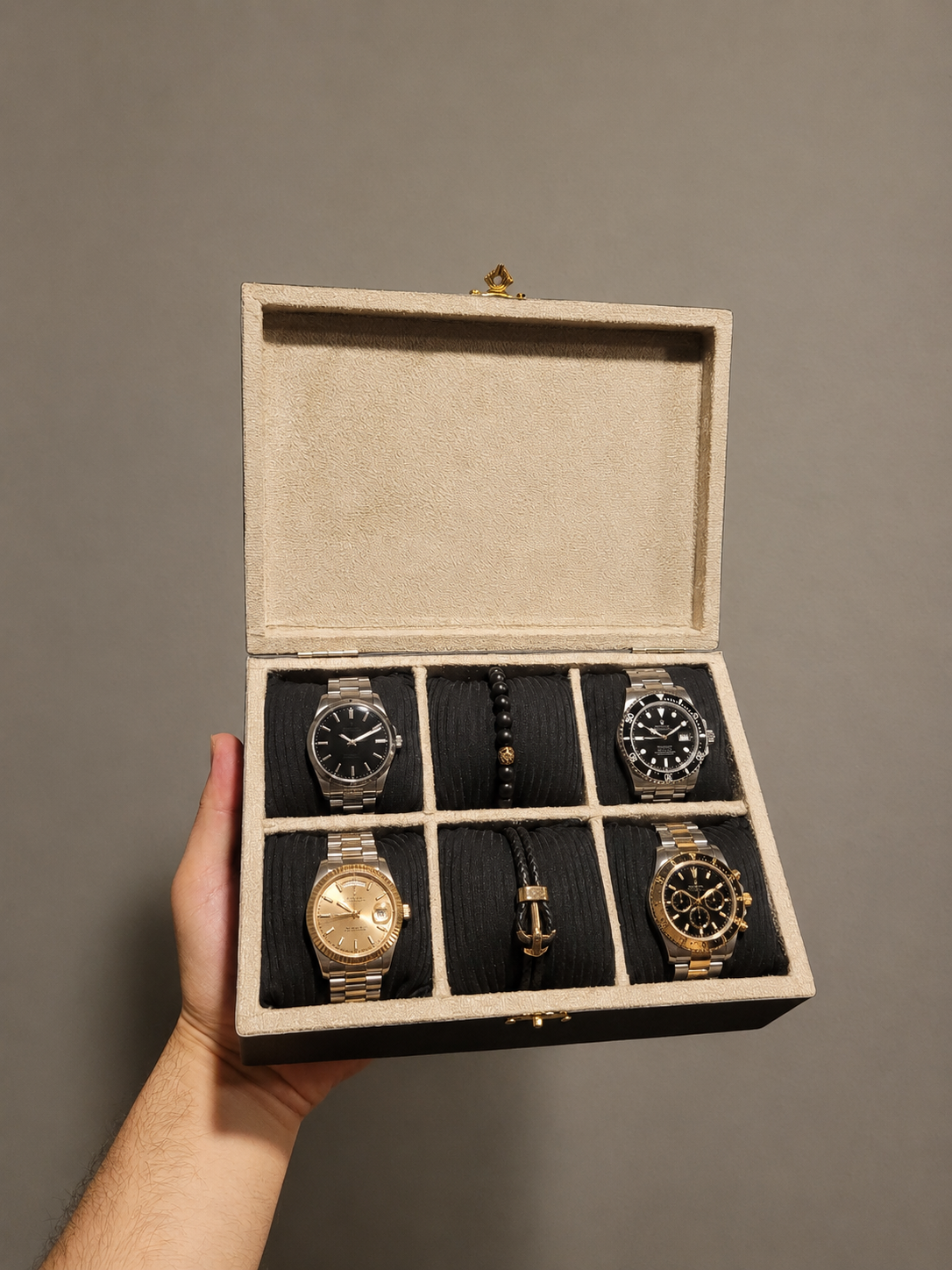 Premium Deri Saat ve Takı Kutusu | 6 Bölmeli Ahşap Organizer Siyah