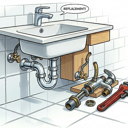 Lavandino del bagno con tubature esposte e 'REPLACEMENT!'