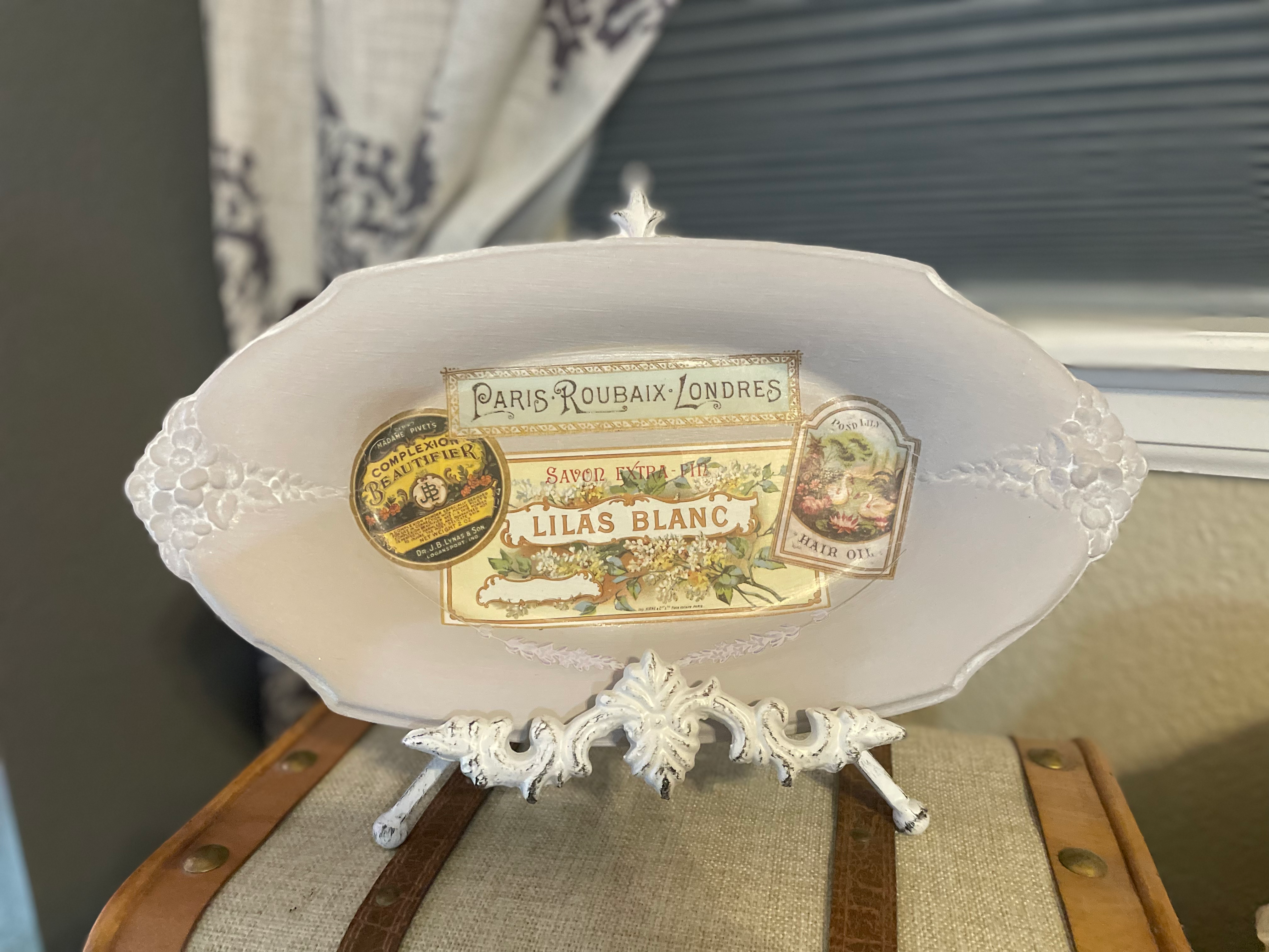 Front view of "Lilas Blanc" a French Parisian style hand painted silver tray
