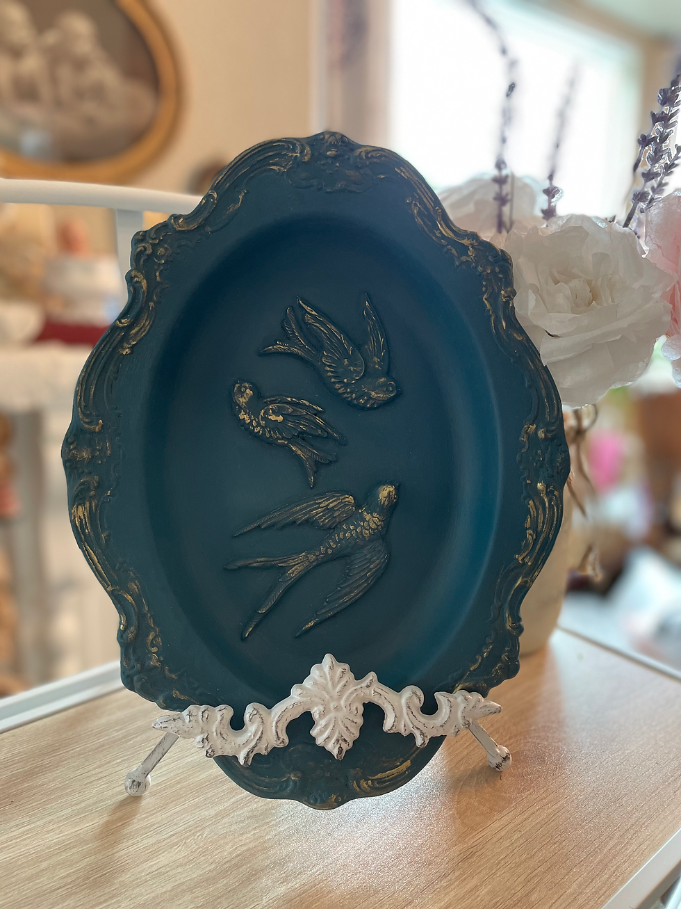 Front view of Lula Boo's "Golden Songbirds" hand painted oval silver tray