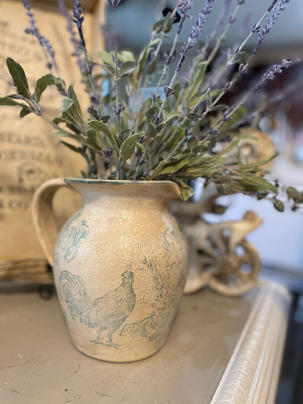 Back view of "Rooster & Roses" featuring a rooster with beautiful flowters