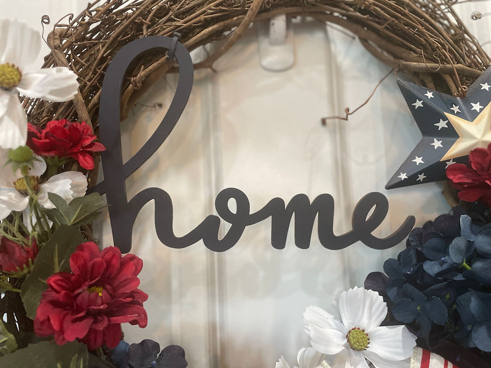 Front view of "home" on this beautiful patriotic custom wreath at Lula Boo's Crafting Company