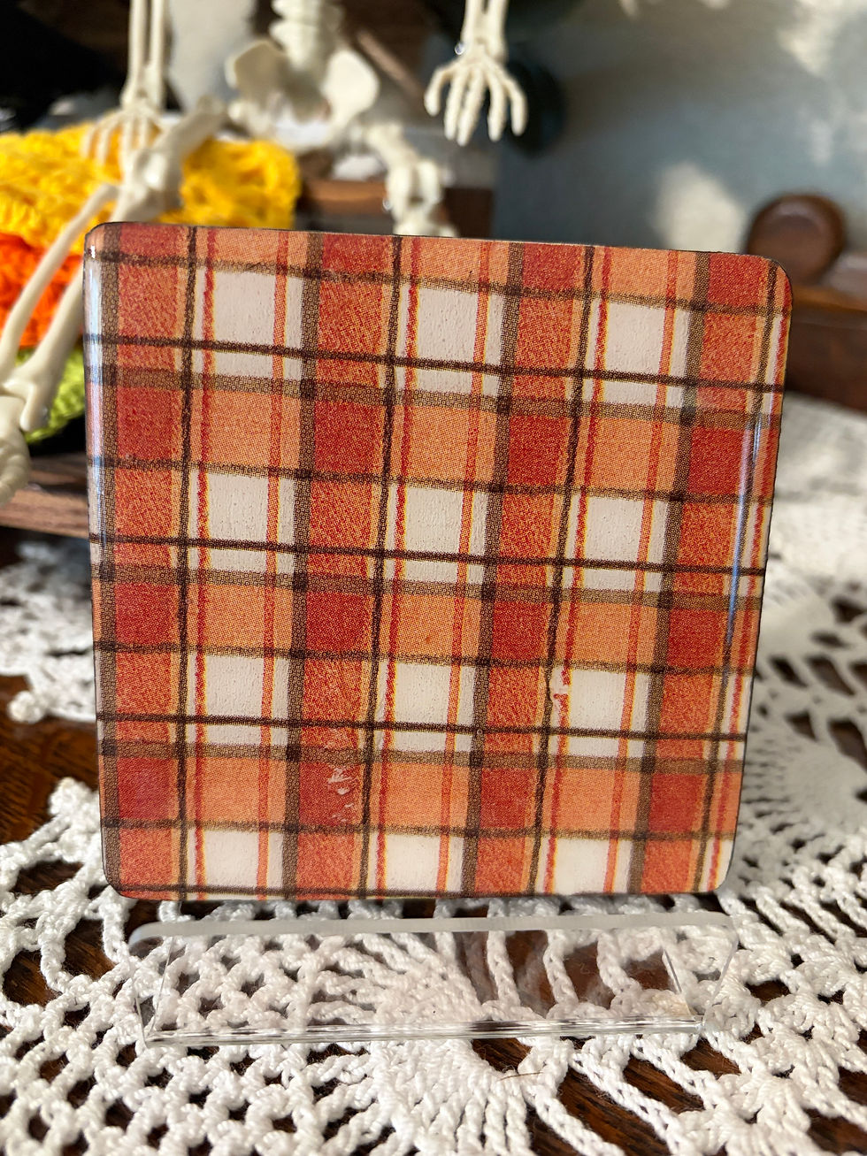 Thumbnail: A gorgeous Halloween orange plaid coaster. 1 of 4 coasters