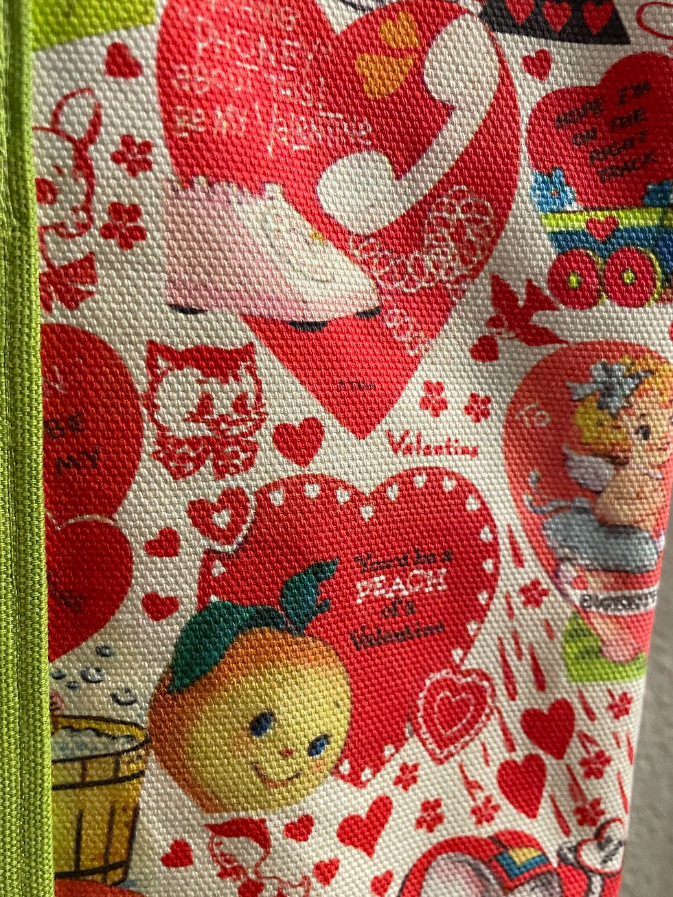 Thumbnail: Close up of the "Be My Valentine" tote bag with is cute vintage Valentines Day cards