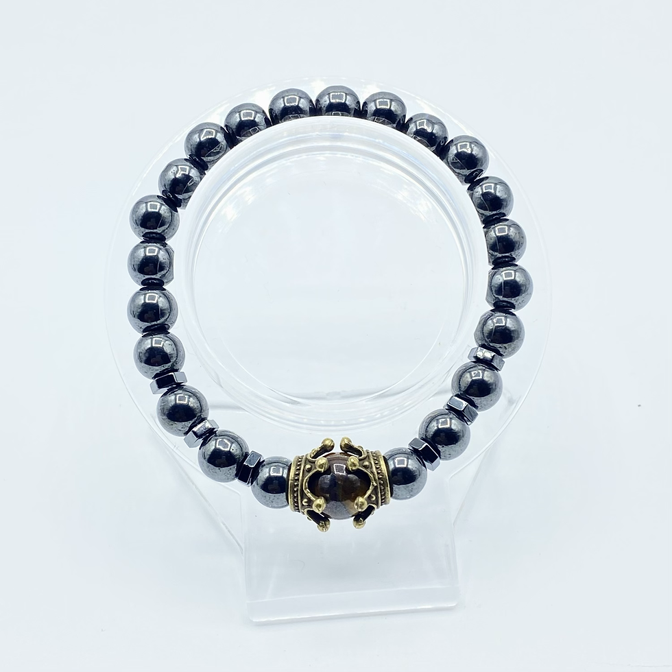  Men 8mm hematite with 10mm tiger eye focal bead bracelet 