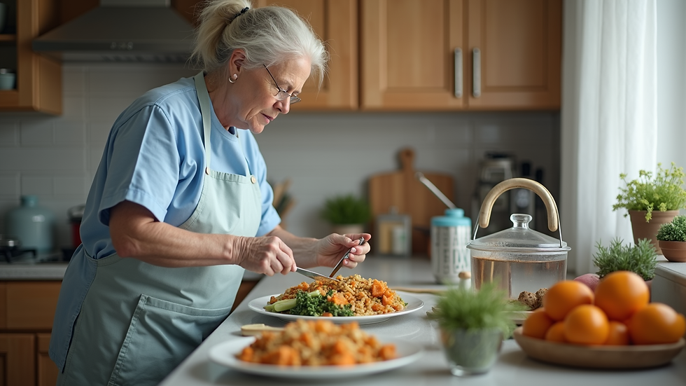 Close-up view of a caregiver preparing a meal in a senior’s kitchen