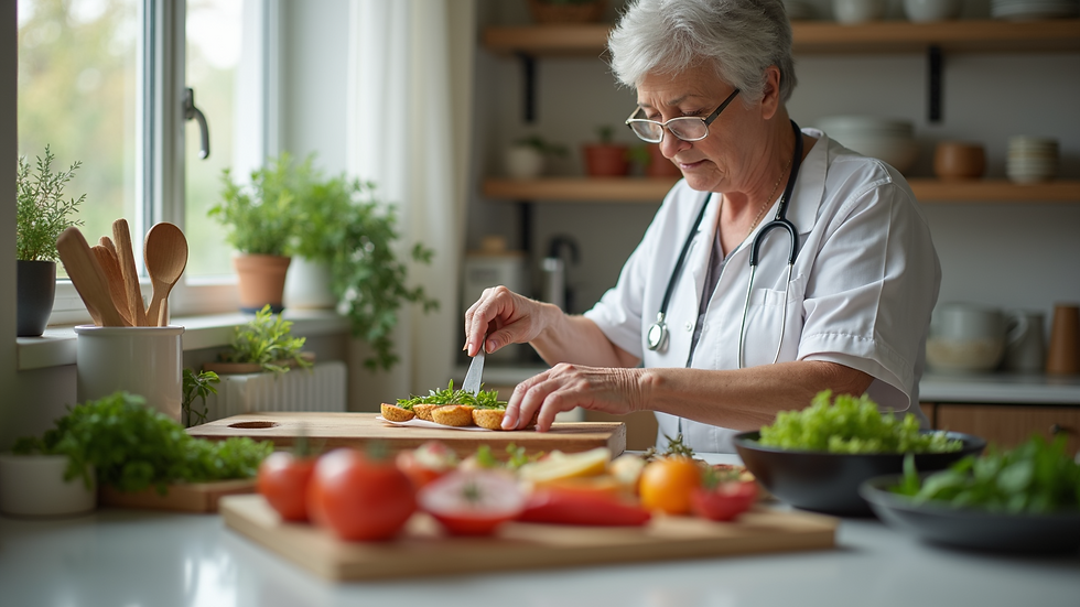 Close-up view of a caregiver preparing a healthy meal in a senior’s kitchen