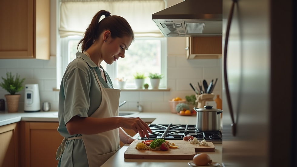 Eye-level view of a caregiver preparing a meal in a home kitchen
