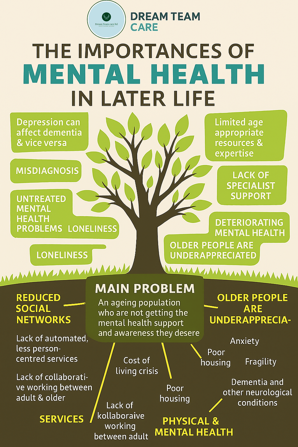 Infographic on key factors affecting older adults’ mental health by Dream Team Care