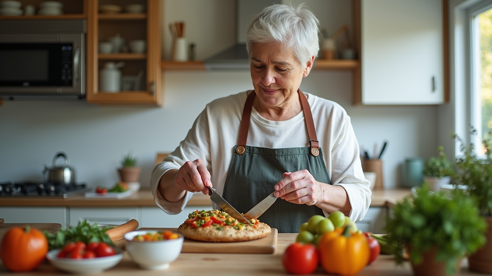 Eye-level view of a senior carer preparing a meal in a home kitchen