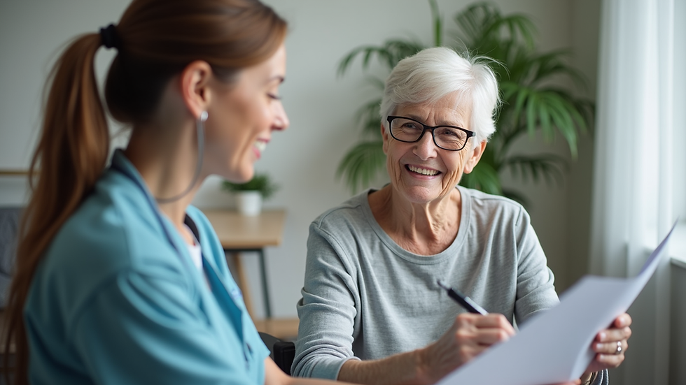 Eye-level view of a caregiver discussing care plans with a senior woman