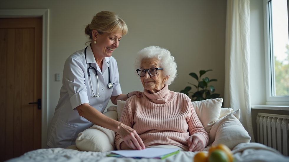 Eye-level view of a caregiver assisting an elderly person with daily activities