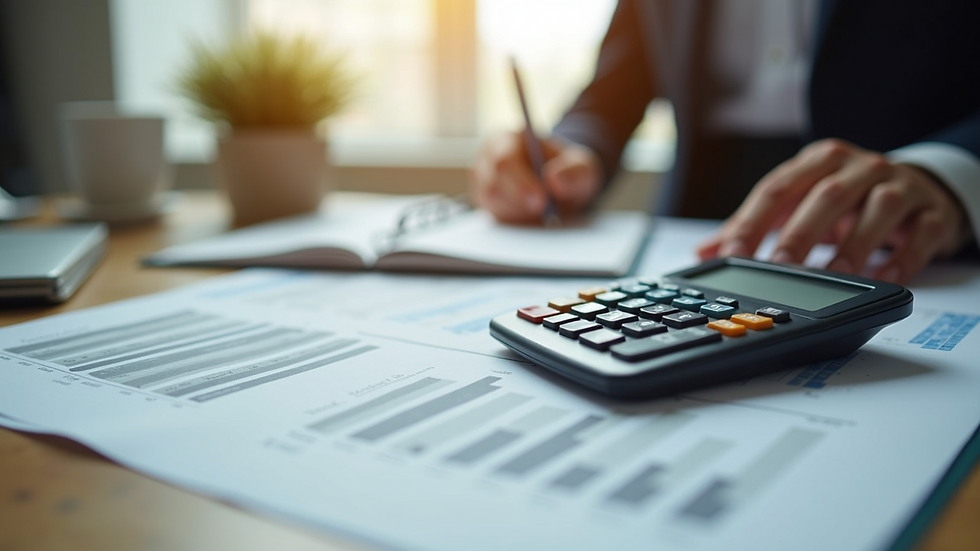 High angle view of a calculator and financial documents on a table