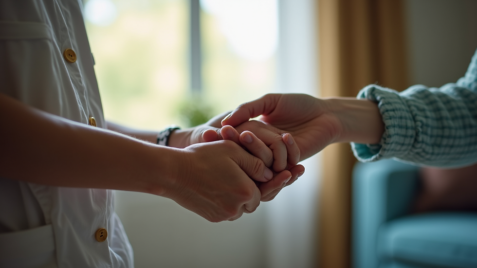 Close-up view of a caregiver’s hand holding a senior’s hand during a home visit