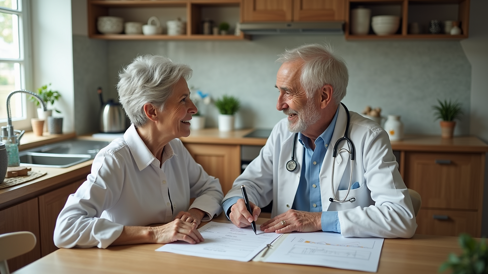 High angle view of a caregiver and senior discussing care plans at a kitchen table