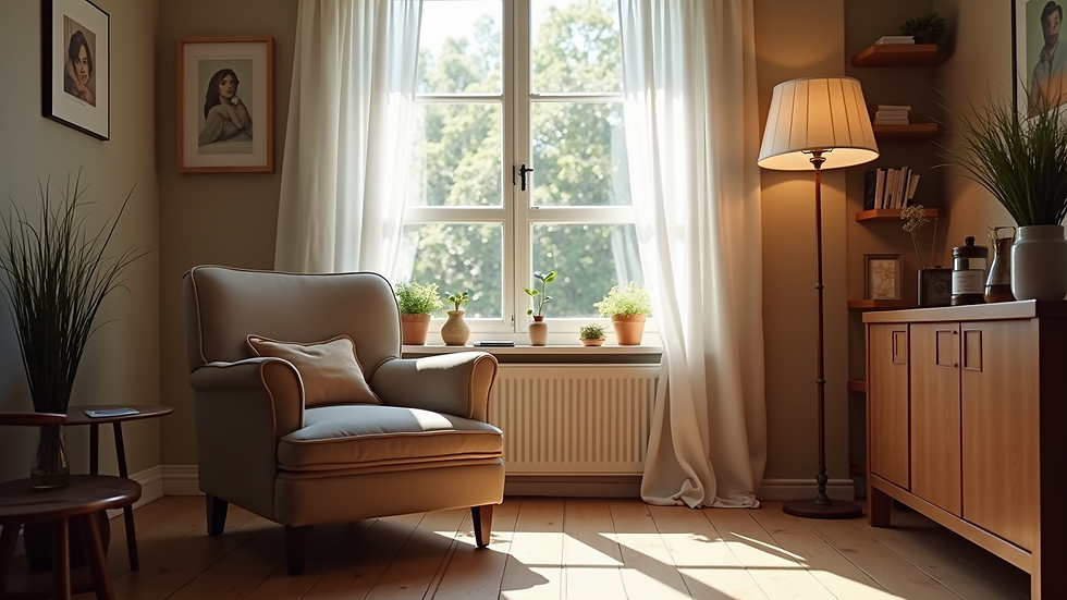 Eye-level view of a cosy living room with a comfortable armchair and natural light